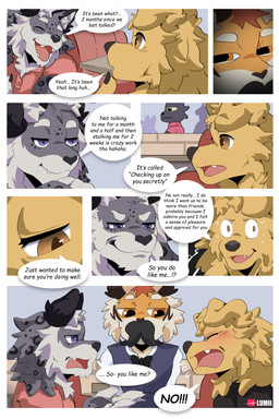 anthro blush bodily_fluids dialogue fake_mustache freckled_face freckles fur group male markings restaurant spots spotted_body spotted_fur sweat text trio lumii i_think_i_like_you dev_(i_think_i_like_you) ray_(i_think_i_like_you) red_(i_think_i_like_you) bird_dog canid canine canis domestic_dog felid golden_retriever hunting_dog mammal pantherine retriever snow_leopard tiger absurd_res comic english_text hi_res