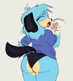 anthro big_butt big_ears black_clothing black_panties black_underwear blue_body blush butt claws clothing eyelashes female finger_claws floppy_ears fur fur_markings gloves_(marking) hand_on_hip lace_panties markings open_mouth overweight panties rear_view shirt solo t-shirt tail topwear underwear yawn funnysillydog canid canine canis domestic_dog mammal