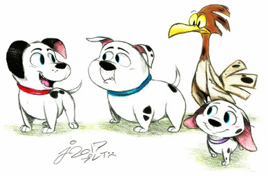 black_ears black_nose black_spots blue_collar blue_eyes brown_body brown_feathers collar feathers female feral floppy_ears fur group male pink_inner_ear purple_collar red_collar spots toony white_body white_fur yellow_sclera jusu-tengu 101_dalmatians 101_dalmatians:_the_series disney cadpig lucky_(101_dalmatians) rolly_(101_dalmatians) spot_(101_dalmatians) avian bird canid canine canis chicken dalmatian domestic_dog galliform mammal phasianid 2017