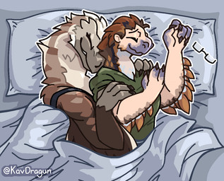 anthro arm_feathers bed bedding blanket brown_body brown_feathers claws clothed clothing cuddling duo eyes_closed eyewear feather_growth feathers female female/female furniture gender_transformation glasses growth hair male male/female mid_transformation mtf_transformation on_bed pillow scale_growth scales sleeping snout snout_growth tan_body tan_feathers transformation under_covers kavdragun dinosaur dromaeosaurid feathered_dinosaur feathered_scalie human mammal prehistoric_species reptile saurischian scalie theropod utahraptor signature