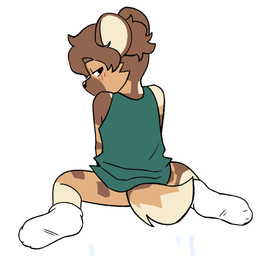 anthro bedroom_eyes big_ears blush blush_lines clothing countershade_ears countershading footwear hair leg_markings looking_back male markings narrowed_eyes pivoted_ears rear_view seductive sitting sleeveless_shirt socks socks_(marking) solo spots spotted_markings spread_legs spreading tail wariza young young_anthro young_male minishadefox kito_(minishadefox) african_wild_dog canid canine mammal