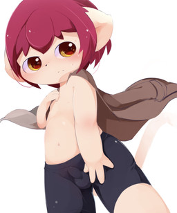 amber_eyes anthro blush brown_eyes bulge detailed_bulge erection fur genital_outline genitals glistening hair kemono male navel penis penis_outline red_hair shota simple_background solo spats tan_body tan_fur young aoino stella_(aoino) domestic_cat felid feline felis mammal absurd_res digital_media_(artwork) hi_res shaded