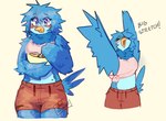 anthro avian beak biped bird blue_body blue_bottomwear blue_clothing blue_eyes blue_feathers blue_hair blue_pants blush bottomwear bowl brown_bottomwear brown_clothing cereal clothed clothing clownboo_art container covered_breasts cutlery feathers female food hair hi_res kitchen_utensils martlet_(undertale_yellow) open_mouth open_smile pants pink_clothing simple_background sleeping_clothes smile solo spoon standing stretching tail tail_feathers tools undertale_(series) undertale_yellow winged_arms wings yellow_beak