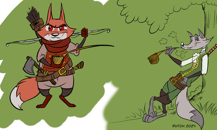 anthro arrow_(weapon) axe belt bottomwear bow_(weapon) clothed clothing duo fur grey_body grey_fur irish male plant quiver_(object) ranged_weapon red_body red_fur red_sclera scottish smoking smoking_pipe topwear tree weapon white_body white_fur dutch_(artist) canid canine canis fox mammal red_fox true_fox wolf 2024 5:3 digital_media_(artwork) flat_colors