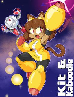 anthro breasts brown_body brown_hair clothed clothing eyewear eyewear_on_head fangs female goggles goggles_on_head hair looking_at_viewer machine male medium_breasts red_eyes solo tail teeth whiskers isaacsart2005 gameoverse glitch_productions kaboodle_(gameoverse) kit_bodega domestic_cat felid feline felis mammal robot 2026 digital_drawing_(artwork) digital_media_(artwork) hi_res