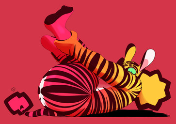 afro_puffs anthro big_butt blonde_hair blue_eyes brown_body brown_fur brown_hair brown_pawpads brown_soles butt fur gradient_body green_sclera hair leg_grab legs_up looking_at_viewer lying male markings multicolored_body multicolored_fur nude on_back on_ground orange_body orange_fur parted_hair pawpads pink_body pink_fur red_background side_view simple_background solo striped_body striped_fur striped_markings stripes tail tail_puff thick_thighs white_body white_fur yellow_body yellow_fur kureto chima_(kureto) equid equine mammal zebra digital_media_(artwork) hi_res
