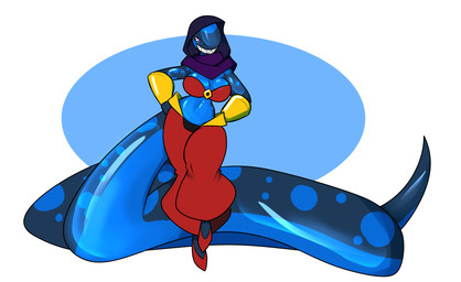 anthro bandeau big_breasts big_tail biped blue_body breasts cleavage clothed clothing evil_grin female headscarf huge_tail hyper hyper_tail looking_at_viewer markings navel non-mammal_breasts non-mammal_navel purple_eyes sharp_teeth small_waist smile solo spots spotted_body tail teeth topwear wide_hips rubbermage astrid_(rubbermage) amphibian salamander 2018 hi_res