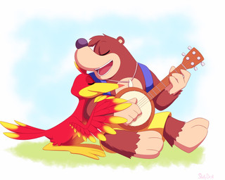 anthro banjo_(instrument) beak black_nose brown_body brown_fur clothed clothing duo eyelashes eyes_closed feathers female fur hug jewelry male musical_instrument necklace open_mouth plucked_string_instrument red_body red_feathers singing string_instrument teeth topless tuft wings skelly_doll banjo-kazooie rareware banjo_(banjo-kazooie) kazooie avian bear bird mammal digital_media_(artwork) hi_res