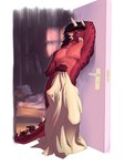 ale anthro doorway genitals hair horn penis red_body solo standing tail towel monkytint mythology dragon mythological_creature mythological_scalie scalie 3:4 absurd_res hi_res