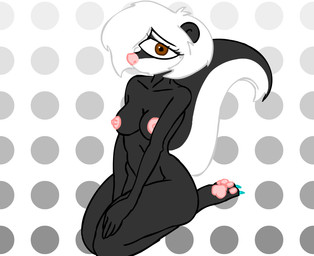 anthro areola black_body black_fur blue_nails breasts brown_eyes colored_nails eyelashes female fur hair hand_between_legs hand_on_hip ink kneeling looking_at_viewer nails nipples nude pattern_background pawpads pink_areola pink_nipples pink_nose pink_pawpads simple_background solo textured_background white_body white_fur white_hair wide_hips petrolwithcoffee cyclops mammal mephitid monster skunk hi_res