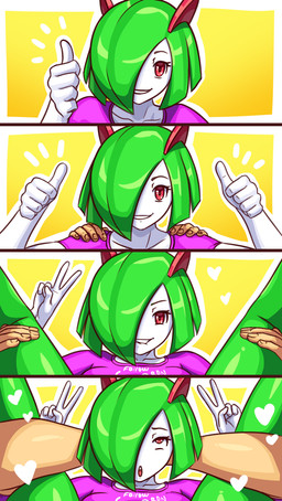 5_fingers bite biting_lip biting_own_lip clothing duo fingers gesture green_hair hair hand_gesture heart_symbol looking_at_viewer looking_pleasured mostly_offscreen_character mostly_offscreen_human mostly_offscreen_male open_mouth red_eyes self_bite simple_background smile solo_focus suggestive thumbs_up topwear v_sign conditional_dnp galaxyoron nintendo pokemon generation_3_pokemon human humanoid kirlia mammal pokemon_(species) comic digital_media_(artwork) hi_res sequence