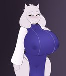 anthro areola_visible_through_clothing big_breasts blush breasts camel_toe clothing female fingers fur horn huge_breasts looking_at_viewer nipple_outline orange_eyes purple_clothing solo white_body white_fur wide_hips g3mma undertale_(series) toriel boss_monster_(undertale) bovid caprine goat mammal hi_res