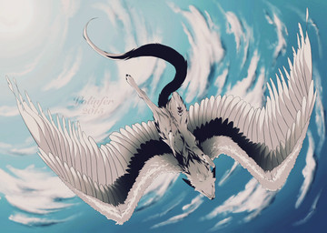 4_toes ambiguous_gender black_body black_feathers black_fur bottom_view claws cloud day detailed_background feathered_wings feathers feet feral fluffy flying fur low-angle_view outside pawpads paws sky solo toes white_body white_feathers white_fur wings volinfer canid canine canis hybrid mammal wolf 2015 digital_media_(artwork) hi_res signature