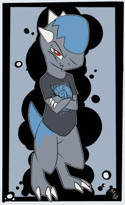 anthro biped black_clothing black_shirt black_topwear bottomless bottomless_male claws clothed clothing crossed_arms digitigrade front_view grey_body grey_scales head_spikes looking_at_viewer male red_eyes scales shirt simple_background solo spikes spikes_(anatomy) standing toe_claws topwear young young_anthro young_male fuf nintendo pokemon cranidos fossil_pokemon generation_4_pokemon pokemon_(species) 2019 hi_res