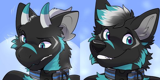 anthro collar fur horn looking_aside looking_at_viewer male smile solo teeth transformation rindeadsong mythology canid canine dragon fox furred_dragon furred_scalie mammal mythological_creature mythological_scalie scalie 2:1