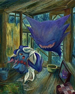 ambiguous_gender blue_body bucket container duo eyes_closed fangs one_eye_closed open_mouth purple_body red_eyes teeth tongue towel washing_another water yellow_sclera gyuragyura nintendo pokemon generation_1_pokemon generation_2_pokemon haunter misdreavus pokemon_(species) spirit 2026 signature