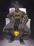 anklet anthro biped black_body black_fur black_sclera bottomwear bracelet bulge chair claws clothing eyeliner finger_claws fur furniture gold_(metal) gold_jewelry jewelry large_chest loincloth makeup male male_anthro muscular muscular_anthro muscular_male poncho red_eyes solo tabard tabard_only tall tall_ears throne toe_claws white_eyeliner bebebebebe egyptian_mythology middle_eastern_mythology mythology anubis anubian_jackal canid canine canis deity jackal mammal