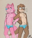 anthro blue_briefs blue_clothing blue_nose blue_underwear briefs brown_body brown_fur brown_nose bulge clothed clothing detailed_background duo entwined_arms eye_contact eyewear fur glasses looking_at_another male nipples owo pink_body pink_fur smile tan_body tan_fur teeth_showing topless two_tone_briefs underwear underwear_only whiskers fudatsu bubblegum_fox manu_(fudatsu) canid canine fox mammal mustelid otter river_otter 2021