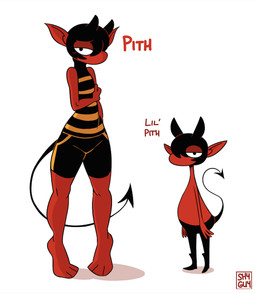 anthro barefoot black_hair blush bottomwear clothed clothing feet hair half-closed_eyes horn knock-kneed looking_at_viewer male mouthless narrowed_eyes pattern_clothing pattern_shirt pattern_topwear raised_tail red_body shirt shorts simple_background solo spade_tail standing_on_toes striped_clothing striped_shirt striped_topwear stripes tail text topless topless_anthro topless_male topwear white_background shyguy9 pith demon imp artist_name character_name hi_res letterbox