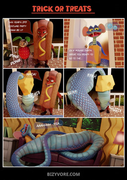 abdominal_bulge anthro clothed clothed_anthro clothed_female clothed_male clothing costume cutaway dialogue female female_anthro feral food_costume group holidays internal male male_anthro male_feral organs stomach trio vore bizyvore disney halloween zootopia gary_de'snake judy_hopps nick_wilde canid canine european_rabbit fox lagomorph leporid mammal oryctolagus pit_viper rabbit red_fox reptile scalie snake true_fox viper 2025 3d_(artwork) 3d_animation animated comic digital_media_(artwork) hi_res loop no_sound short_playtime webm