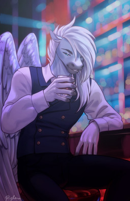 5_fingers anthro biped blue_body blue_eyes blue_feathers blue_fur blue_wings bottomwear claws clothed clothed_anthro clothed_male clothing feathered_wings feathers finger_claws fingers front_view fully_clothed fully_clothed_anthro fully_clothed_male fur hair holding_glass holding_object inside looking_at_viewer male pants shirt sitting smile solo teeth topwear white_hair wings pizhma mythology equid equine mammal mythological_creature mythological_equine pegasus 2026 absurd_res digital_drawing_(artwork) digital_media_(artwork) hi_res