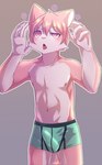 anthro blush blush_lines boxer_briefs boxers_(clothing) boxers_only bulge clothed clothing detailed_bulge erection erection_under_clothing genital_outline green_boxer_briefs green_clothing green_underwear hair hypnosis looking_up male male_anthro mind_control nipples open_mouth outline penis_outline pink_body pink_ears pink_hair pink_tail simple_background solo spiral_eyes tail tongue tongue_out topless underwear underwear_only white_outline potato_12_13 canid canine mammal hi_res