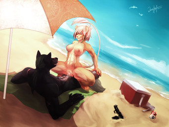 abs anthro beach biceps blue_eyes breasts cooler cowgirl_position duo erection eye_contact female female_on_top female_penetrated from_front_position fur genitals green_hair gun hair handgun knot looking_at_another lying male male/female male_on_bottom male_penetrating male_penetrating_female muscular muscular_female nipples nude on_back on_bottom on_top on_towel outside pecs penetration penile penile_penetration penis penis_in_vagina pistol ranged_weapon romantic romantic_couple seaside sex sex_on_the_beach smile spread_legs spreading straddling towel umbrella usp_.45 vaginal vaginal_penetration vulva weapon marooned heckler_and_koch samanya_mohatu tek_l_war canid canine canis felid lion mammal pantherine wolf 2015 hi_res signature