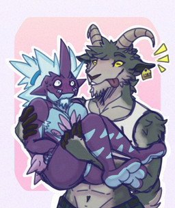 3_toes abs accessory anthro anticipation armpit_hair belt blue_body blue_hair blush blush_lines bodily_fluids body_hair butt carrying_another clothing cradling crop_top duo ear_piercing ear_tag emanata facial_hair feet female fingers fur geometric_background goatee green_eyes grey_body grey_fur hair hair_accessory hair_tie hooved_fingers hooves horizontal_pupils horn looking_at_another male muscular muscular_anthro muscular_female navel nipples outline pecs piercing pink_background pupils purple_body scut_tail shirt short_tail simple_background smile sweat sweatdrop tail teeth text text_on_clothing text_on_shirt text_on_topwear toes tongue tongue_out topwear white_outline wide_eyed yellow_eyes aimepact coffee_stain_studios epic_games fortnite goat_simulator nintendo pokemon pilgor_(goat_simulator) bovid caprine generation_8_pokemon goat mammal pokemon_(species) toxtricity 2025 absurd_res hi_res