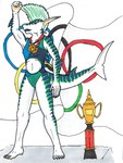 anthro arm_by_side arms_bent athlete award barefoot champion clothing feet female fin flag flag_(object) flag_background medal olympic_rings raised_arm simple_background solo standing straight_legs trophy winner nyghtmar3 2020_tokyo_olympics olympics roxy_(nyghtmar3) fish marine requiem_shark shark tiger_shark hi_res traditional_media_(artwork)