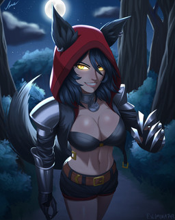big_breasts black_hair breasts claw_(weapon) cleavage clothed clothing ear_piercing ear_ring female hair mass_creation melee_weapon piercing red_hood red_hood_(swords_and_slippers) ring_piercing sleeveless_jacket solo swords_and_slippers weapon yellow_eyes eslimnator animal_humanoid canid canid_humanoid canine canine_humanoid humanoid mammal mammal_humanoid wolf_humanoid absurd_res hi_res