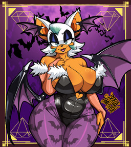 anthro bedroom_eyes big_breasts breasts cleavage clothed clothing cosplay female hand_on_leg hand_on_thigh huge_breasts looking_at_viewer narrowed_eyes seductive solo thick_thighs tight_clothing wide_hips zoraphic_19 capcom darkstalkers sega sonic_the_hedgehog_(series) morrigan_aensland rouge_the_bat bat demon mammal alternate_version_at_source hi_res