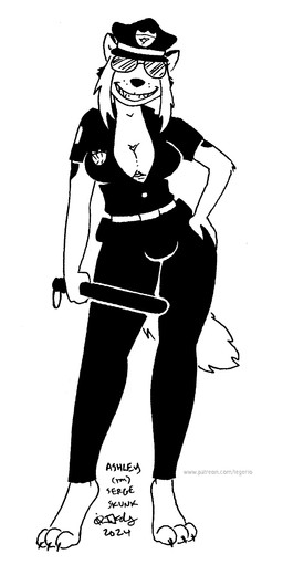 anthro big_breasts billy_club breasts cleavage clothed clothing eyewear female fur grin hair hat headgear headwear police police_uniform smile solo sunglasses tail uniform tegerio ashley_heartwood canid canine canis mammal wolf 2024 black_and_white hi_res monochrome herm_(lore)