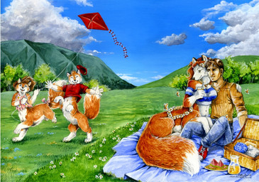baseball_cap breasts brown_hair clothed clothing cloud detailed_background dipstick_tail family female food footwear fruit gloves_(marking) grass green_eyes group hair hat headgear headwear hug kite leg_markings male markings melon nature outside picnic plant playing romantic romantic_ambiance romantic_couple shoes sitting sky socks_(marking) tail tail_markings watermelon heather_bruton chakona_space life's_dream karl_whitepaw pandora_whitepaw canid canid_taur canine canine_taur fox fox_taur human mammal mammal_taur taur 2007
