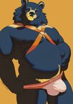 anthro areola belly bulge clothing detailed_bulge fur genital_outline harness jockstrap looking_at_viewer male navel nipples orange_background penis_outline simple_background slightly_chubby slightly_chubby_anthro slightly_chubby_male smile solo underwear chubby-shark bear black_bear mammal moon_bear ursine 2022 artist_name digital_media_(artwork)