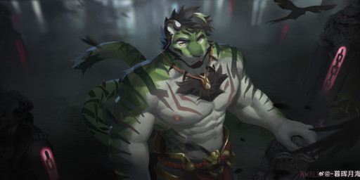 abs anthro black_hair black_stripes bottomwear clothed clothing front_view fur green_body green_fur green_stripes hair male male_anthro markings mouth_closed muscular muscular_anthro muscular_male nipples orange_eyes pecs pink_nipples short_hair solo standing striped_arms stripes tail tail_markings topless white_body white_fur awaldkize felid mammal pantherine tiger absurd_res hi_res