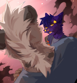ambiguous_gender anthro blue_clothing blue_hair blue_topwear cheek_tuft clothed clothing duo faceless_ambiguous faceless_character facial_markings facial_tuft fur fur_markings grey_clothing grey_topwear hair head_markings male markings multicolored_eyes neck_tuft open_mouth orange_eyes purple_body purple_fur short_hair simple_background topwear tuft two_tone_eyes unsigned whiskers yellow_eyes yellow_markings corzh77 domestic_cat felid feline felis hyena mammal spotted_hyena absurd_res hi_res