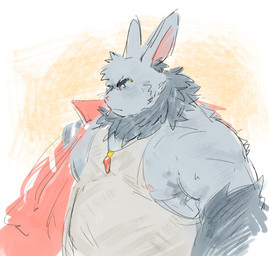 anthro cigarette cigarette_in_mouth clothing fur grey_body grey_fur jacket jewelry male musclegut muscular neck_tuft necklace object_in_mouth overweight overweight_male piercing red_eyes shirt solo tank_top topwear tuft wasurenagusha xxl_woofia baade_(xxl_woofia) lagomorph leporid mammal rabbit 2025