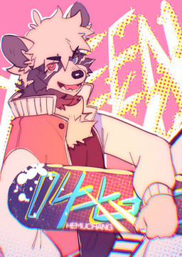 anthro black_body black_fur blue_eyes clothing fur heterochromia jacket male open_mouth red_clothing red_eyes red_jacket red_topwear skateboard slim_anthro slim_male solo topwear vehicle white_body white_clothing white_fur white_jacket white_topwear hemuchang mammal procyonid raccoon 2022 hi_res