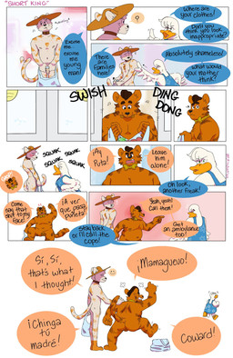 anthro balls barefoot black_nose blush bow_tie butt casual_nudity clothed clothed/nude clothing collar dialogue embarrassed feet female freckles fur fuzzy fuzzy_tail genitals gesture hand_gesture hat head_turned headgear headwear long_tail nude orange_body orange_fur penis pointing pointing_at_another pompadour public public_nudity slightly_chubby slim smile social_nudity tail tail_motion tailwag teeth text whisker_spots white_body white_fur p_rindustries osmond_(p_rindustries) wilt_(p_rindustries) domestic_cat felid feline felis mammal comic english_text hi_res signature spanish_text