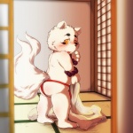 anthro black_nose blush bulge cloth clothing embarrassed female flat_chested fluffy fluffy_tail fur inside kemono open_mouth solo tail underwear white_body white_fur young young_anthro young_female kokkoman gingitsune haru_(gingitsune) canid canine mammal 1:1