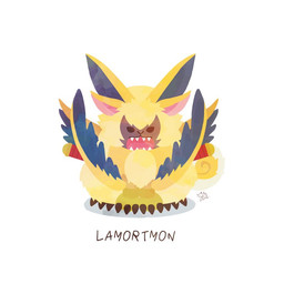 angry anthro chibi claws fur long_ears male orange_eyes sharp_teeth solo teeth winged_arms wings yellow_body yellow_fur yamuretsu bandai_namco digimon digimon_ghost_game digimon_(species) lamortmon monster 1:1
