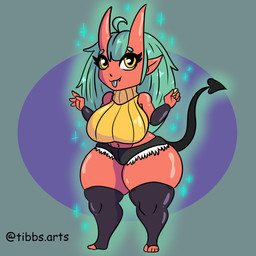 big_breasts bottomwear breasts clothing female green_hair hair horn legwear red_body short_stack shorts solo spade_tail stockings tail tongue tongue_out topwear yellow_eyes tibbs demon hi_res