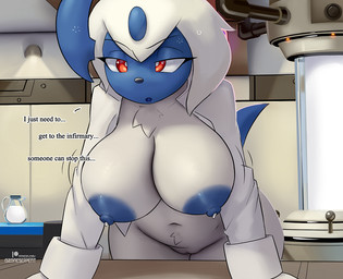 anthro areola big_breasts biped blue_body blue_nipples bodily_fluids bottomless bottomless_anthro bottomless_female breasts clothed clothing detailed_background dialogue female fur genitals hair inside lactating multicolored_body nipples pupils red_eyes shirt shirt_only solo text thick_thighs topwear topwear_only two_tone_body unbuttoned_shirt vulva white_body white_clothing white_fur white_hair white_shirt white_topwear wide_hips ozoneserpent nintendo pokemon absol generation_3_pokemon pokemon_(species) 2026 english_text