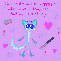 anthro blood blue_body blue_fur bodily_fluids bow_only cutlery female fur happy heart_symbol kitchen_knife kitchen_utensils knife open_mouth open_smile pink_bow pink_text profanity razor scar self-harm self-harm_scars smile solo text tools wounded demensa emil_(demensa) canid canine canis coyote domestic_dog mammal 1:1 2024 english_text full-length_portrait hi_res portrait