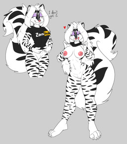 anthro areola big_breasts black_body black_fur bottomless bottomless_anthro bottomless_female breasts clothed clothing clothing_lift eyeliner female fur fur_markings genitals hair long_hair looking_at_viewer makeup markings multicolored_body multicolored_fur nipples shirt shirt_lift simple_background skunk_tail smile solo striped_body striped_fur striped_markings striped_tail stripes tail tail_markings text thick_thighs tongue tongue_out topwear tuft two_tone_body two_tone_fur vulva white_body white_fur white_hair wide_hips yellowdog zig_zag felid hybrid mammal mephitid pantherine skunk tiger 2022 absurd_res digital_media_(artwork) hi_res