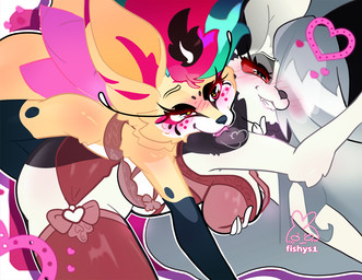 4_arms blush blush_lines clothing doggystyle eyelashes female female/female fire freckled_face freckles from_behind_position grabbing_from_behind heart_symbol licking lingerie lingerie_bra lingerie_only long_eyelashes multi_arm multi_limb open_mouth sex simple_background tongue tuft white_body yellow_body fishys1 hellaverse helluva_boss mythology loona_(helluva_boss) queen_bee-lzebub_(helluva_boss) arthropod bee canid canid_demon canine canis demon fox hellhound hymenopteran insect mammal mythological_canine mythological_creature wolf hi_res