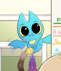 animal_dildo animal_sex_toy anthro bite biting_lip black_eyes blue_body blush dildo equine_dildo fangs female genitals loli looking_at_viewer nude pegleg sex_toy solo teeth vulva wings yellow_sclera young young_anthro young_female fajikiwi cartoon_network mao_mao:_heroes_of_pure_heart adorabat bat mammal hi_res