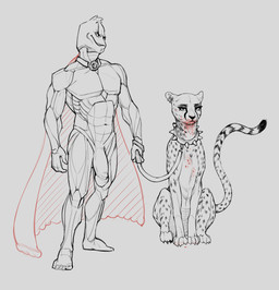 blood blood_on_face bodily_fluids cape clothing collar duo female feral genitals humanoid_genitalia humanoid_penis humor leash leashed_collar looking_at_viewer male penis simple_background sitting spiked_collar spikes standing study syn-6 mr._ferguson_(syn-6) cheetah felid feline human mammal absurd_res hi_res sketch