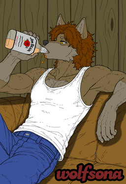 alcohol anthro beverage blue_bottomwear blue_clothing blue_jeans blue_pants bottle_in_mouth bottomwear bourbon_(drink) brown_hair brown_sofa clothing denim denim_bottomwear denim_clothing drinking dripping_chin droplets drunk fur furniture glass_bottle hair jeans leather_couch liquor male male_anthro messy_hair multicolored_body multicolored_fur muscular on_sofa one_eye_closed pants raised_leg relaxing shirt sitting sitting_on_sofa sofa solo substance_intoxication tank_top topwear two_tone_body two_tone_fur whiskey whiskey_bottle white_sclera yellow_eyes jim_beam canid canine canis mammal wolf hi_res shaded watermark