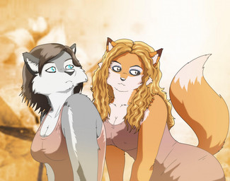 anthro blonde_hair blue_eyes breasts brown_eyes brown_hair clothed clothing dress duo female fur grey_body grey_fur hair multicolored_body nipple_outline orange_body orange_fur two_tone_body white_body white_fur xxsparcoxx michelle_(xxsparcoxx) sophia_(xxsparcoxx) canid canine canis fox mammal wolf 2015 digital_media_(artwork)